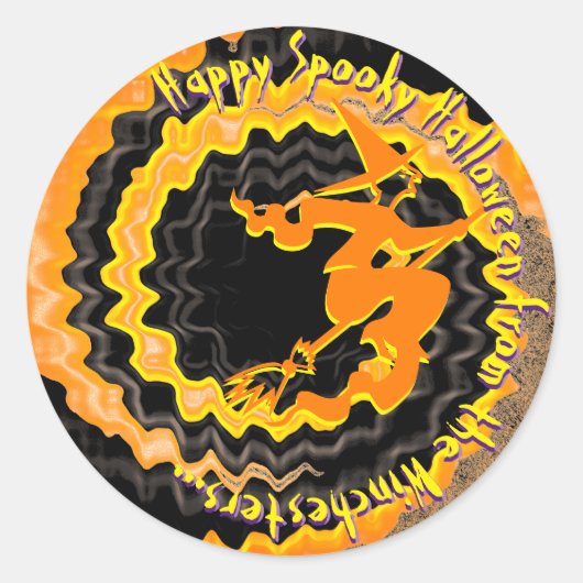 ハロウィーン黒飛んでいる魔女魔法呪文文字 ラウンドシール (正面)