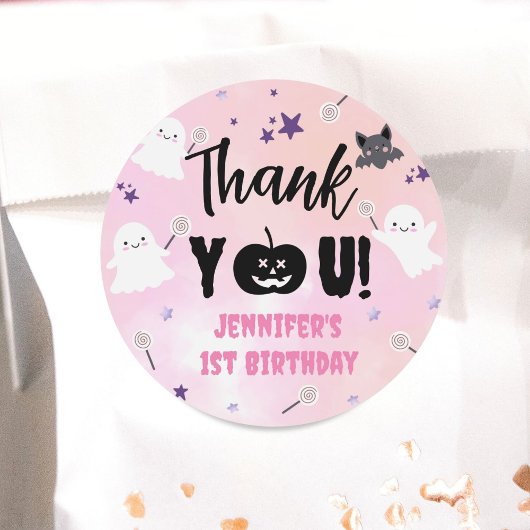 ハロウィーン1歳の誕生日パーティーピンクの女の子かわいい不気味 ラウンドシール