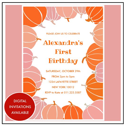 ハロウィーン1歳の誕生日招待状ピンクのカボチャ 招待状