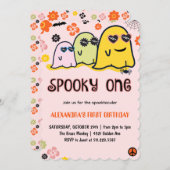 ハロウィーン1歳の誕生日招待状不気味ワンピンク 招待状 (正面/裏面)