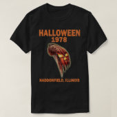 ハロウィーン1978年の休日の不気味なギフトのマイヤーズカボチャ Tシャツ (デザイン正面)