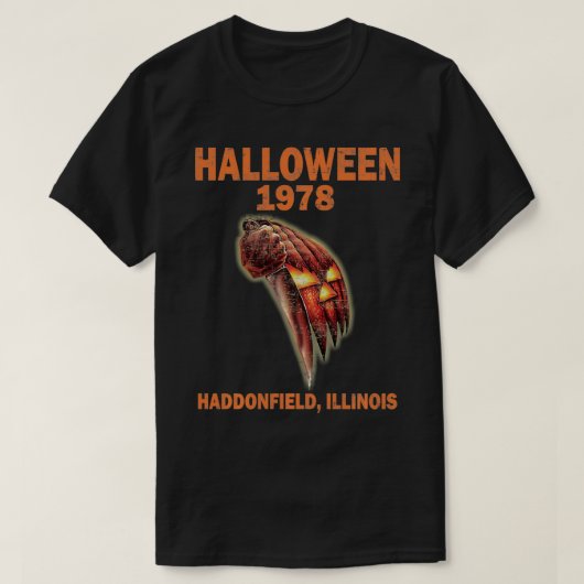 ハロウィーン1978年の休日の不気味なギフトのマイヤーズカボチャ Tシャツ (デザイン正面)