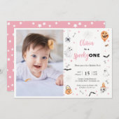 ハロウィーン1th誕生日ピンクの不気味な女の子の写真 招待状 (正面/裏面)