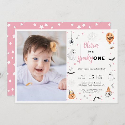 ハロウィーン1th誕生日ピンクの不気味な女の子の写真 招待状 (正面/裏面)