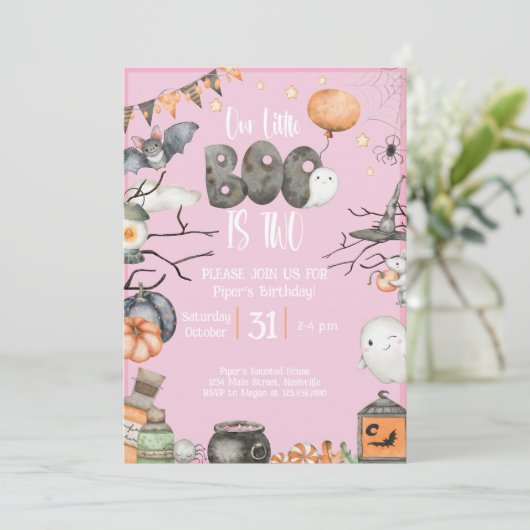 ハロウィーン2回目の誕生日わたしたちの小さなブーは2ピンク 招待状 (スタンド正面)