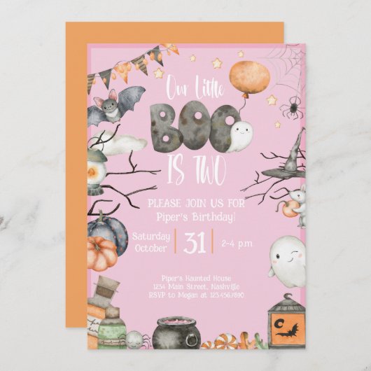 ハロウィーン2回目の誕生日わたしたちの小さなブーは2ピンク 招待状 (正面/裏面)