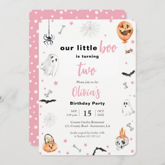 ハロウィーン2ndバースデーピンク幽霊女の子の女の子2000 招待状 (正面/裏面)