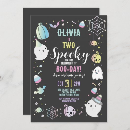 ハロウィーン2ND誕生日ガールズパーティー幽霊カボチャ 招待状 (正面/裏面)