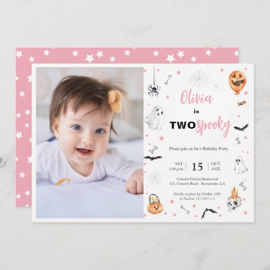 ハロウィーン2nd誕生日ピンクの不気味な女の子の写真 招待状 (正面/裏面)