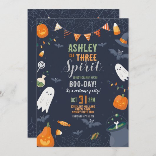 ハロウィーン3回目の誕生日THREEパーティー幽霊カボチャ 招待状 (正面/裏面)