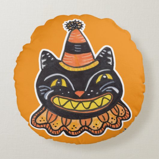 ハロウィーン おどけた道化師 ネコ ラウンドクッション (正面)