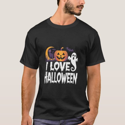 ハロウィーン おばけ かぼちゃ 猫 月 が大好き Tシャツ (正面)