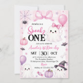 ハロウィーン おばけ ピンク 誕生日会 招待状 (正面)