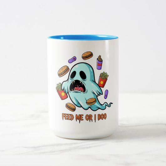 ハロウィーン お化けに食べ物を与えて ツートーンマグカップ (中央)
