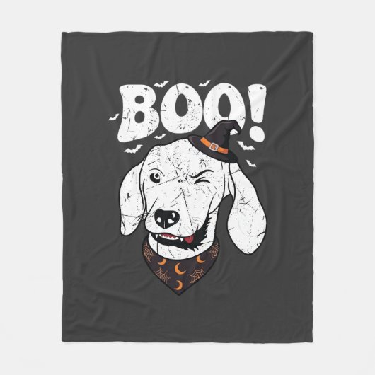 ハロウィーン お化け 犬 魔女 帽子 コウモリ フリースブランケット (正面)