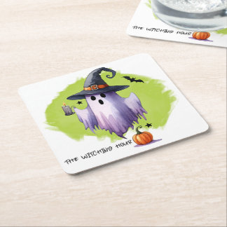 ハロウィーン かぼちゃと魔女の帽子をかぶったかわいいおばけ スクエアペーパーコースター