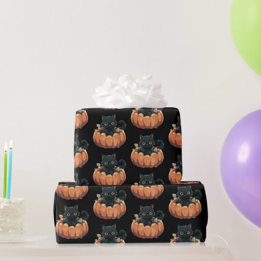 ハロウィーン かぼちゃ柄 かわいい黒猫 ラッピングペーパー (パーティーギフト)