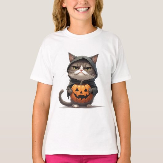 ハロウィーン🎃 かぼちゃ魔女の格好をした不機嫌な猫 Tシャツ (正面)