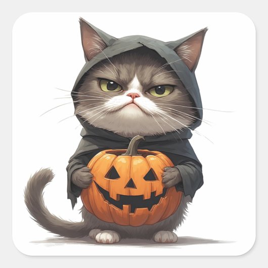 ハロウィーン🎃 かぼちゃ魔女コスチュームの不機嫌な猫 スクエアシール (正面)
