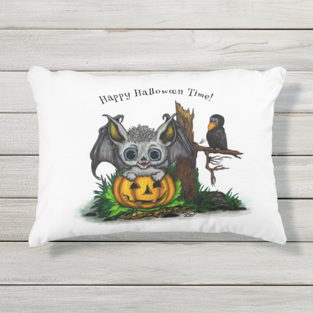 ハロウィーン、かわいいこうもり、レイヴンを待つ アウトドアクッション (正面)