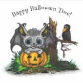 ハロウィーン、かわいいこうもり、レイヴンを待つ シール (正面)