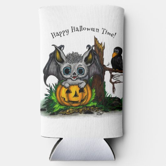 ハロウィーン、かわいいこうもり、レイヴンを待つ スリム缶クーラー (正面)