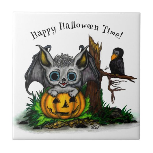 ハロウィーン、かわいいこうもり、レイヴンを待つ タイル (正面)