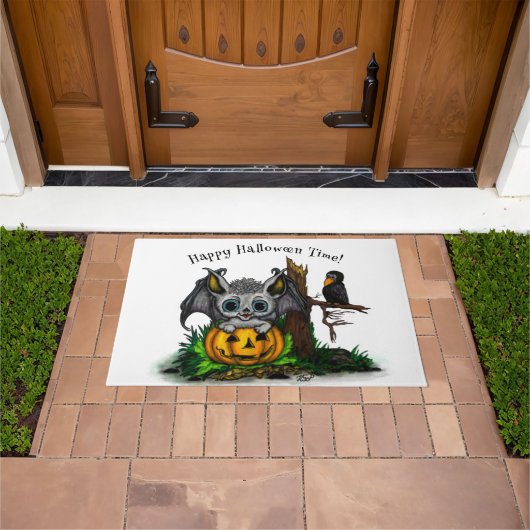 ハロウィーン、かわいいこうもり、レイヴンを待つ ドアマット (室外)