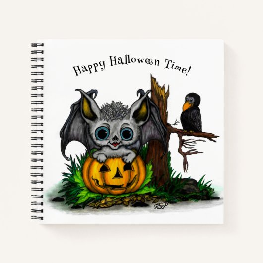 ハロウィーン、かわいいこうもり、レイヴンを待つ ノートブック (正面)