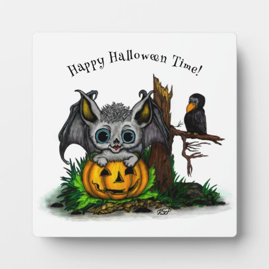 ハロウィーン、かわいいこうもり、レイヴンを待つ フォトプラーク (正面)