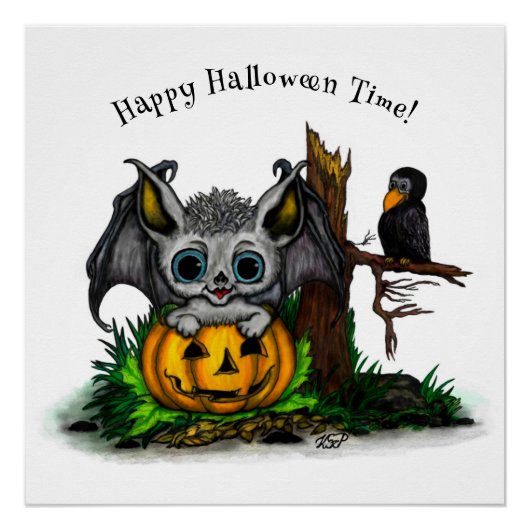 ハロウィーン、かわいいこうもり、レイヴンを待つ ポスター (正面)