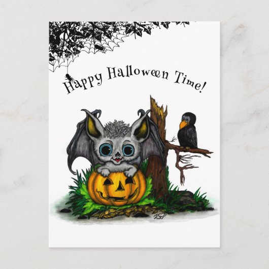 ハロウィーン、かわいいこうもり、レイヴンを待つ ポストカード (正面)
