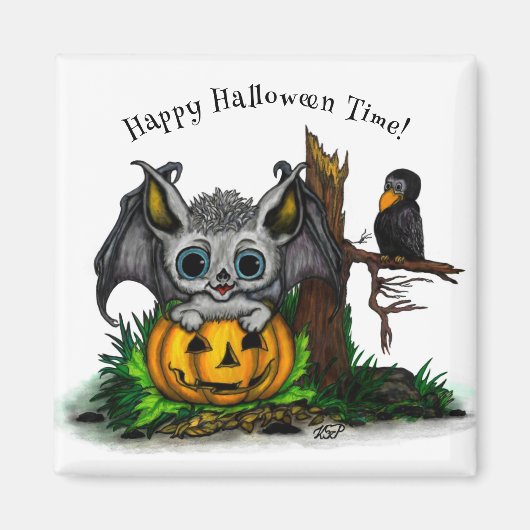 ハロウィーン、かわいいこうもり、レイヴンを待つ マグネット (正面)