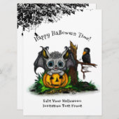 ハロウィーン、かわいいこうもり、レイヴンを待つ 招待状 (正面/裏面)