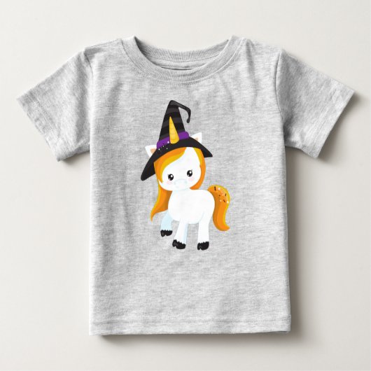ハロウィーン、かわいいユニコーン、魔法ユニコーン、ウィッチハット ベビーTシャツ (正面)