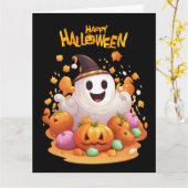 ハロウィーン：かわいい幽霊とカボチャ家族 カード (黄色い花)