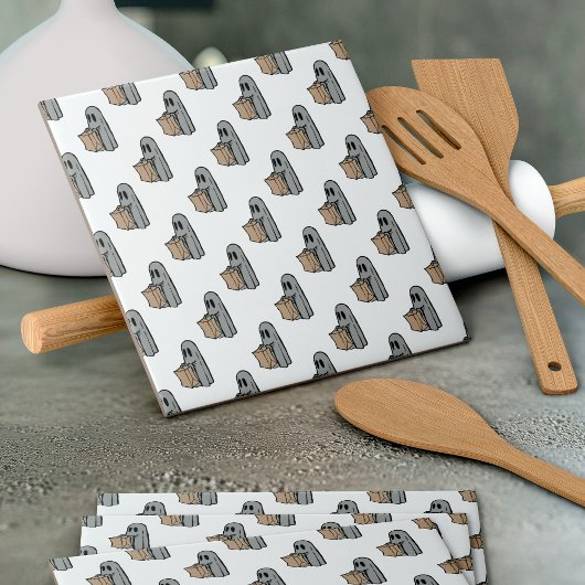 ハロウィーン,かわいい幽霊グレー,トリックまたはトリートブー タイル