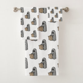 ハロウィーン，かわいい幽霊グレー，トリックまたはトリートブー バスタオルセット