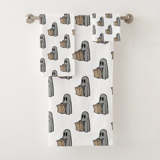ハロウィーン，かわいい幽霊グレー，トリックまたはトリートブー バスタオルセット (インサイチュ)