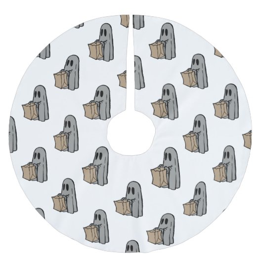 ハロウィーン，かわいい幽霊グレー，トリックまたはトリートブー ブラッシュドポリエステルツリースカート (正面)