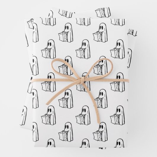 ハロウィーン，かわいい幽霊ホワイト，トリックまたはトリートブー ラッピングペーパーシート (インサイチュ)