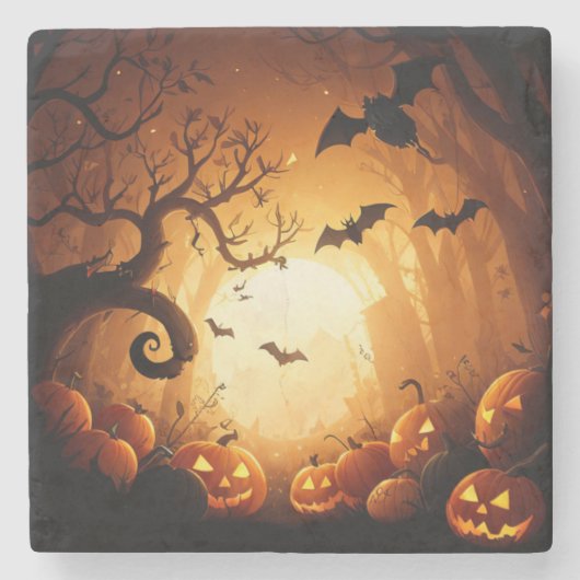 ハロウィーン/こうもり/カボチャ/秋 ストーンコースター (正面)
