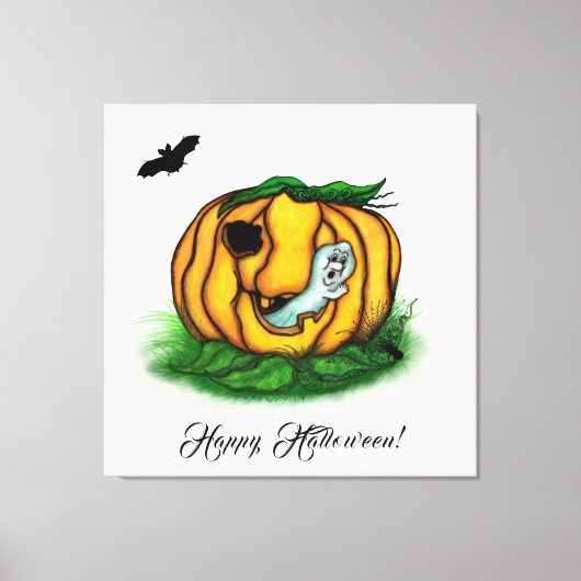 ハロウィーン、こうもり、幽霊、スパイダーの幽霊 キャンバスプリント (正面)