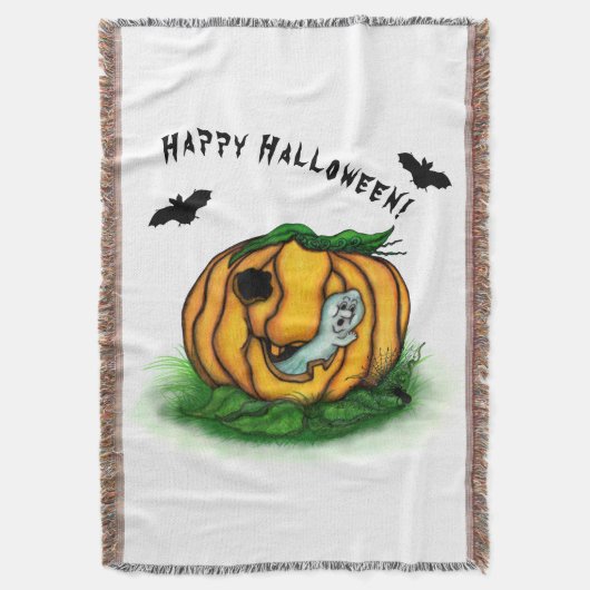 ハロウィーン、こうもり、幽霊、スパイダーの幽霊 スローブランケット (正面縦)