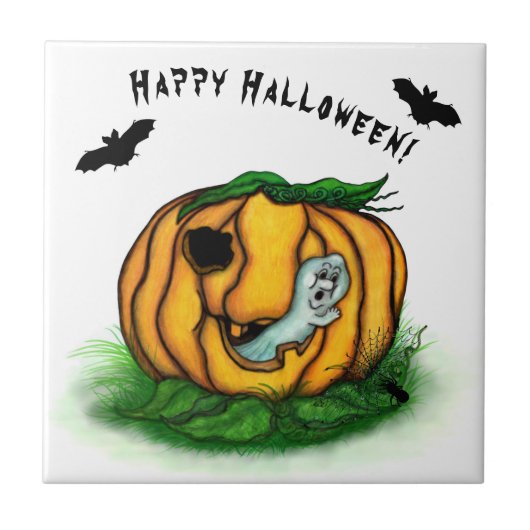 ハロウィーン、こうもり、幽霊、スパイダーの幽霊 タイル (正面)