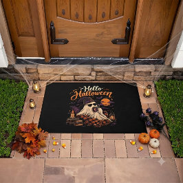 ハロウィーン こんにちは かわいい幽霊のコーヒータイム ドアマット