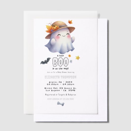 ハロウィーン「ちょっとしたブーが行く」赤ちゃんシャワー ベラム紙招待状 (オフセット)