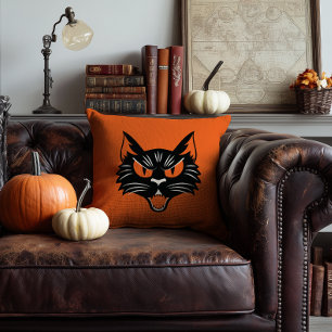 ハロウィーン オレンジ 黒 猫の顔 スケアリー クッション