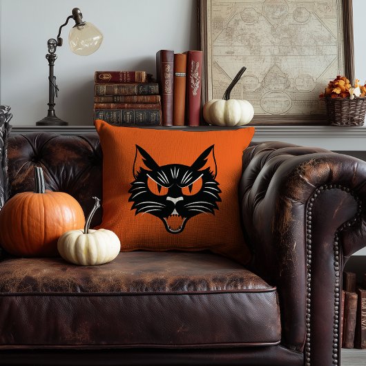 ハロウィーン オレンジ 黒 猫の顔 スケアリー クッション