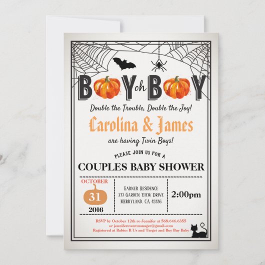 ハロウィーン·カボチャの双子の少年が田舎風にシャワーを浴びた 招待状 (正面)